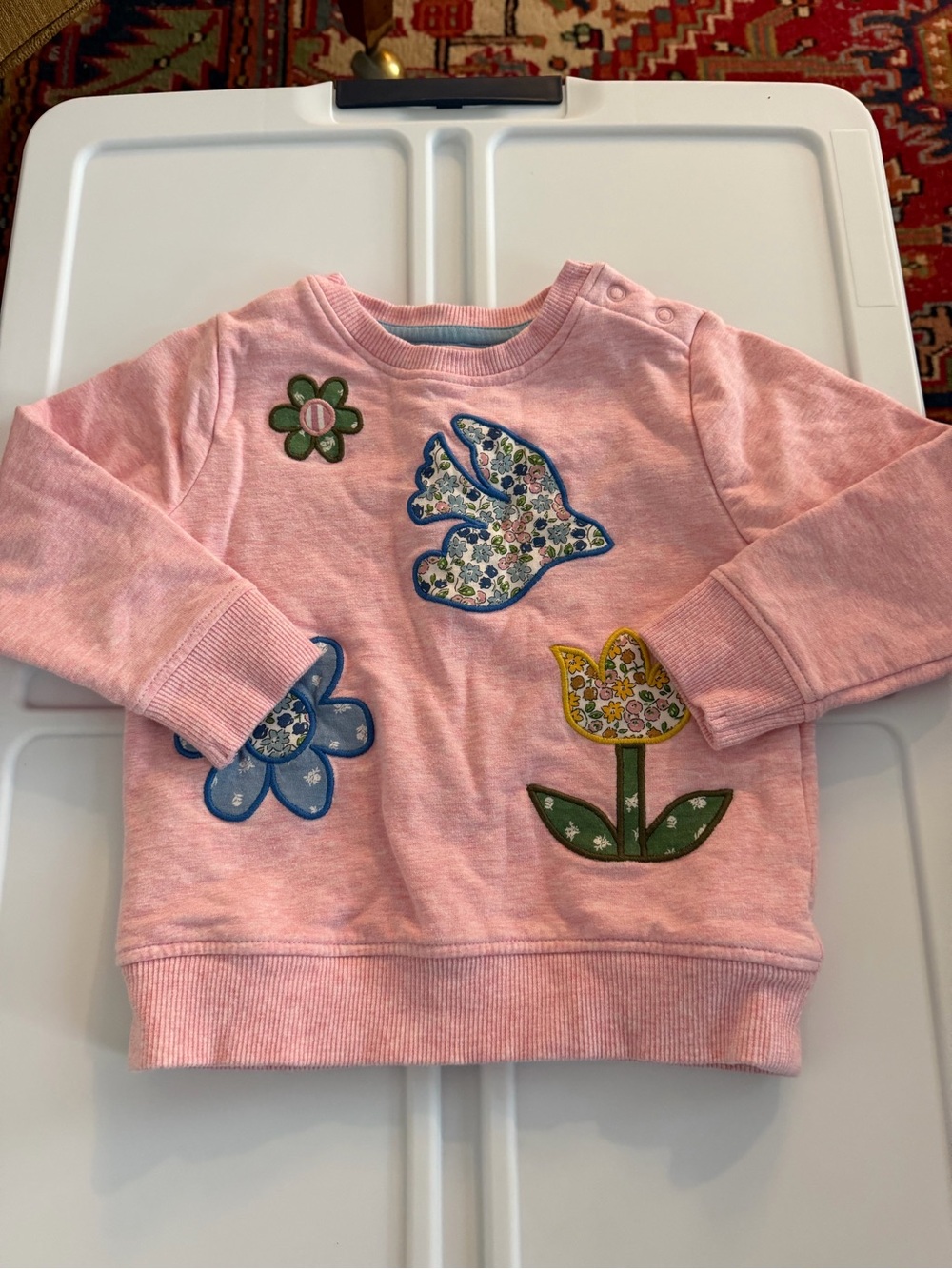 Boden Pink Floral Appliqué Sweatshirt with Bird & Flower Motifs